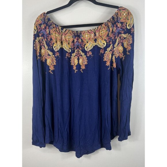 Ruff Hewn Top Boho Style Off-Shoulder Blouse Blue & Paisley Collar Large - Picture 2 of 8